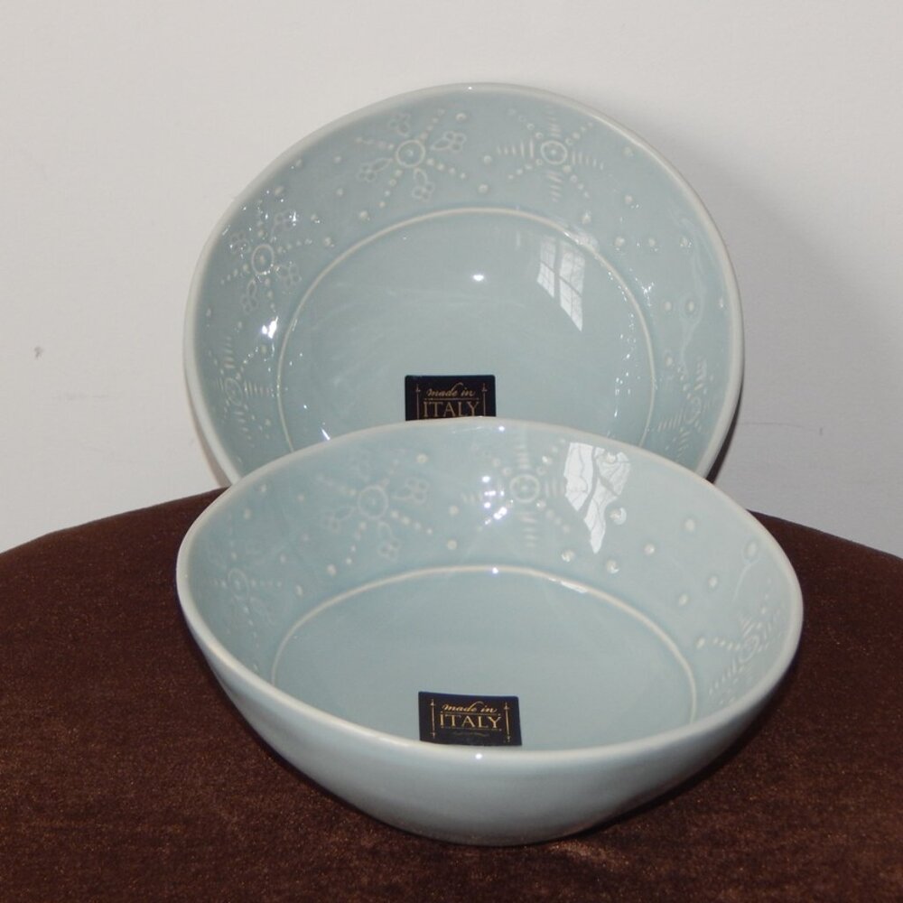 La Ceramica ITALY Pasta Bowls 7.5” Pale Turquoise Embossed Graphic Set of 2 NWT